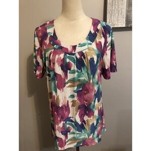Floral Print Top Short Sleeve Scoop Neck Blouse Casual Multicolor Size‎ L